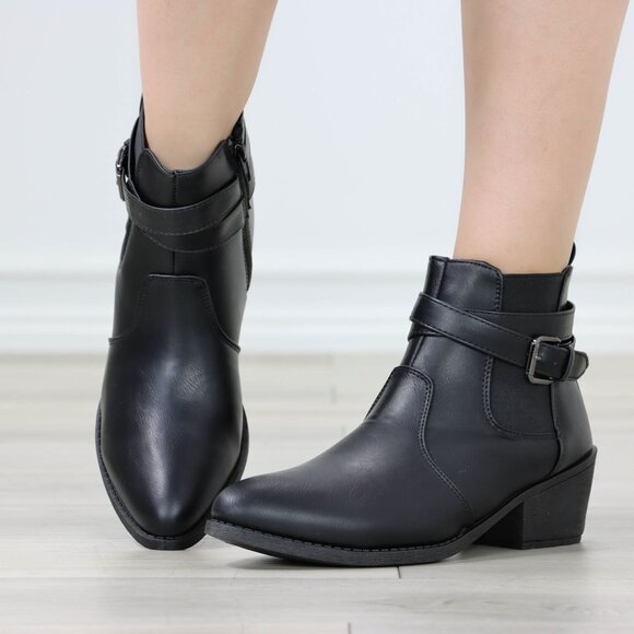 Black Ankle Boots Buckle Strap Faux Leather Low Heel Pointed Toe - Picture 3 of 11